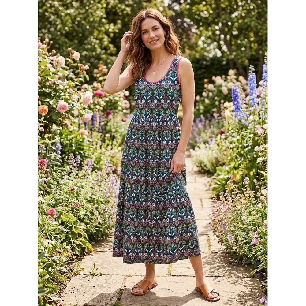 Boden Teal Pink Floral Tiered Jersey Maxi Dress 6P Petite J0338